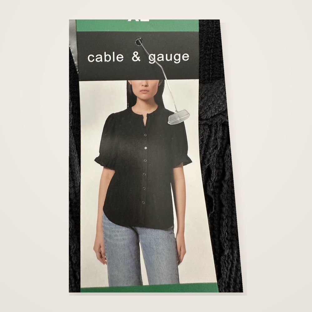 Cable & Gauge Women XL Jet Black Button Front Puff Sleeve Textured Blouse - Picture 5 of 5